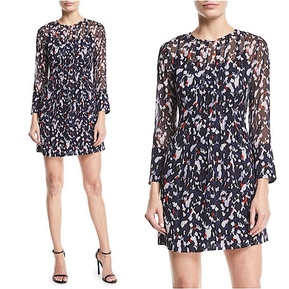New Club Monaco Delaynee Printed Pintuck Silk Short Mini Dress Sheer Size 8 - Picture 1 of 12